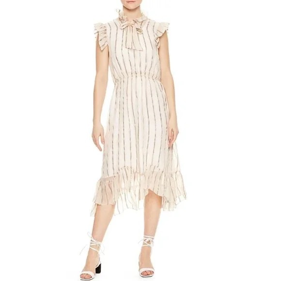 Sandro Maki Ruffled Metallic-Stripe Midi Dress 8 - Picture 2 of 10